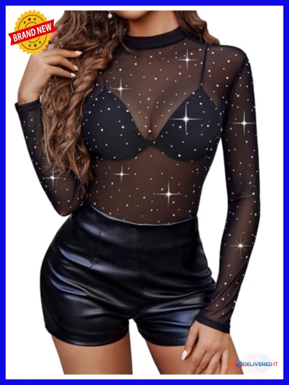 Long Sleeve Rhinestone Sheer Mesh Top Sparkle Clubwear
